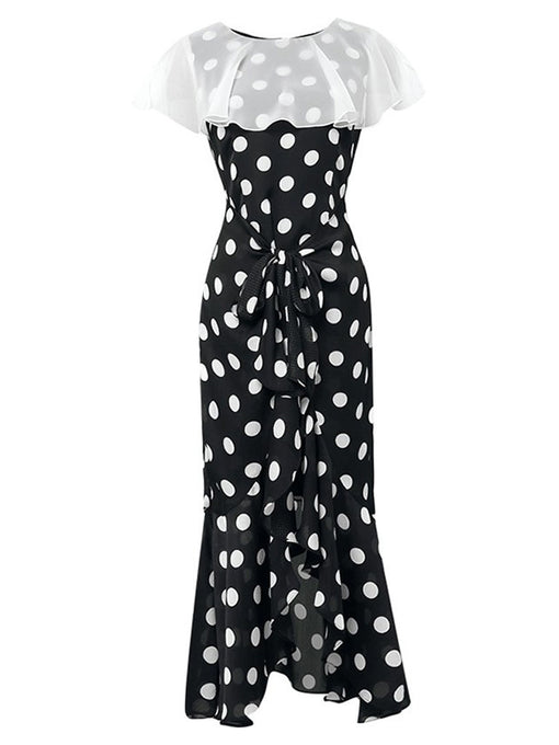 Black And White Polka Dot Vintage Lotus Leaf Cape Waist Slim Elegant Fishtail Dress