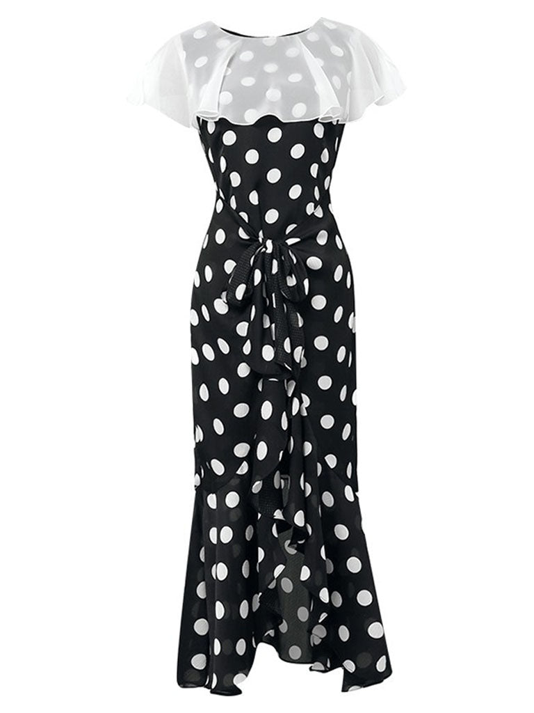 Black And White Polka Dot Vintage Lotus Leaf Cape Waist Slim Elegant Fishtail Dress, Black / S