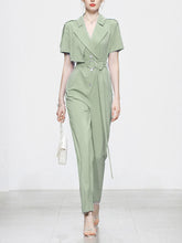 Load image into Gallery viewer, Lapel Collar Short Sleeve Asymmetric Design Belted Waist Jumpsuit