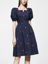 Load image into Gallery viewer, Navy Embroidered Vintage Square Neck Puff Sleeve Mini Dress