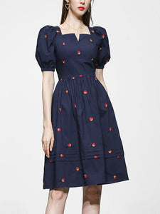 Navy Embroidered Vintage Square Neck Puff Sleeve Mini Dress