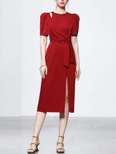 Load image into Gallery viewer, Red Slim Fit Crew Neck Puff Sleeve Satin Dress Vintage Dress