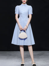 Load image into Gallery viewer, Blue Stripe Turn Down Collar 1950S Vintage Dress