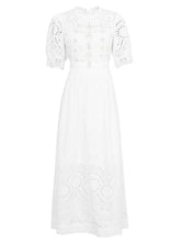 Load image into Gallery viewer, White Hollow Embroidered Pearl Puff Sleeve Lace Sweet Vintage Princess Dress