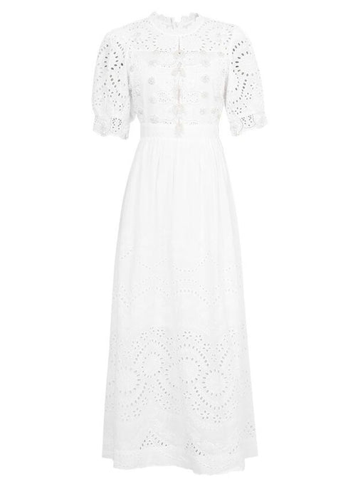 White Hollow Embroidered Pearl Puff Sleeve Lace Sweet Vintage Princess Dress