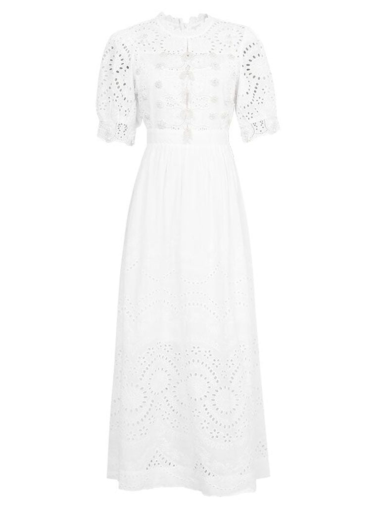 White Hollow Embroidered Pearl Puff Sleeve Lace Sweet Vintage Princess Dress