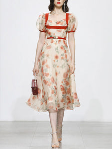Romantic Rose Manor Retro Lantern Sleeve Wavy Organza Dress