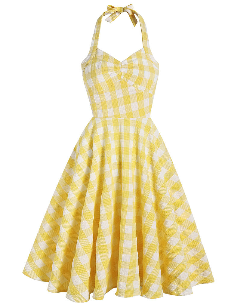 Yellow And White Plaid Halter Classis Style 1950S Dress Set, Yellow / M