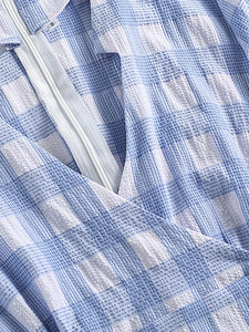 Blue And White Plaid V Neck 1950S Dress With Belt