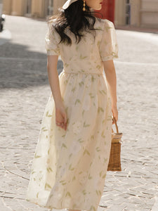 Sweet Apricot Leaf Embroidered Princess Corset Vintage Dress