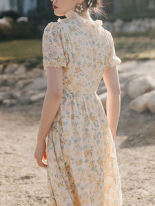 Apricot Ruffled Crewneck Floral Print Chiffon Retro 1950S Cottagecore Dress
