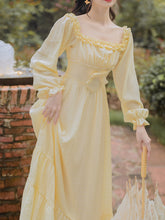 Load image into Gallery viewer, Yellow Pearl Square Neck Lace 1950S Swing Dress