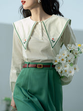 Load image into Gallery viewer, 2PS Green Embroidered Overlap Collar Shirt And Swing Skirt Suit