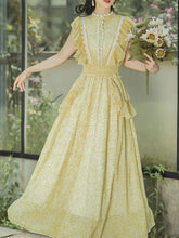 Load image into Gallery viewer, Yellow Floral Print Fuffles Vintage Princess Chiffon Maxi Dress