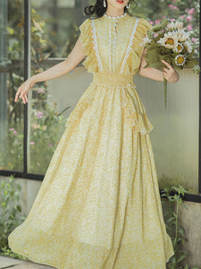 Yellow Floral Print Fuffles Vintage Princess Chiffon Maxi Dress