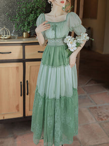 Green Square Collar Garden Vintage Dress