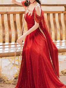 Red Bling Off Shoulder Lace Belt Maxi Dress Vintage Style Dress