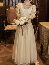 Load image into Gallery viewer, Yellow Lace V Neck Vintage Princess Puff Sleeve Maxi Evening Dress