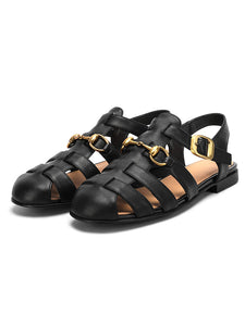 Brown Women's Flats Sandals Piont Toe Hollow Belt Leather Vintage Shoes