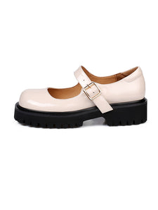 Black Women's Platform Shoes Square Toe Leather Vintage Shoes