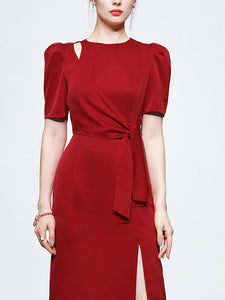 Red Slim Fit Crew Neck Puff Sleeve Satin Dress Vintage Dress