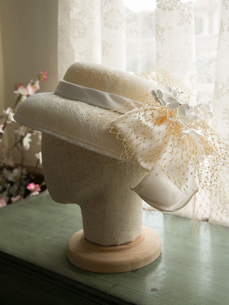 Beige Flower Bow Wedding Hat With Tulle Vintage Hat – Jolly  display picture 1