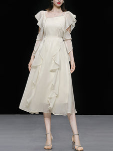 Apricot Ruffled PearlFairy Dress Light Luxury 1950S dress