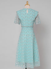 Load image into Gallery viewer, Vintage Teal Short Sleeve Pearl Neck Waist Embroidered Dress