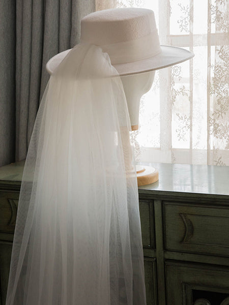 White Big Veil Wedding Hat With Wool Vintage Boater Hat  display picture 1