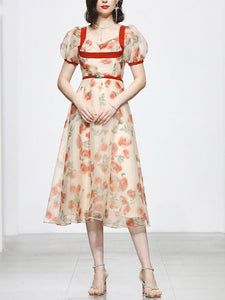 Romantic Rose Manor Retro Lantern Sleeve Wavy Organza Dress