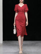 Load image into Gallery viewer, Red V Neck Lantern Sleeves Elegant Jacquard Sweet Heart Fishtail Dress
