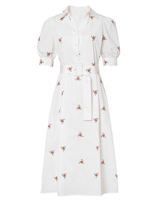 White Embroidered Shirt Lapel 1950S Comfortable Cotton Vintage Dress