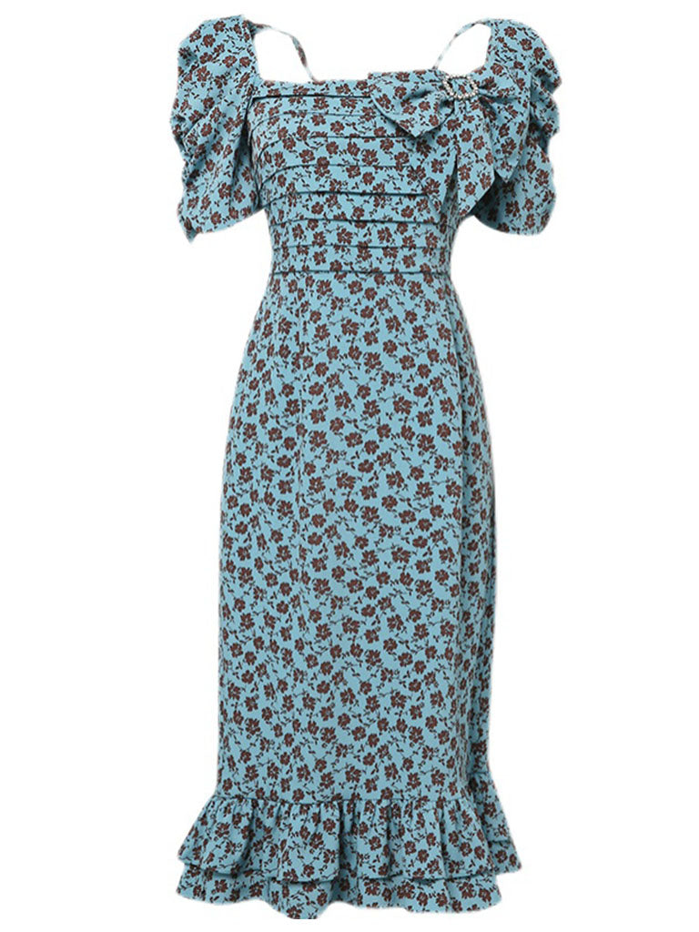 Blue Vintage Puff Sleeve Ruffled Floral Print Bow Summer Dress