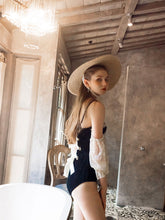 Load image into Gallery viewer, Black And White Lace Cold Shoulder Ruffles Swimsuit With Long Sleeve One Piece Swimwear