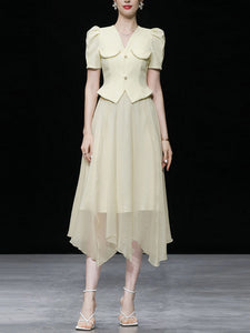 2PS Apricot V Neck Puff Sleeve Top And Irregular Gauze Skirt Set