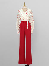 Load image into Gallery viewer, 2PS White And Red Sweet Heart V Neck Shirt And Red Wide-Leg Pants Set