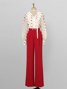 2PS White And Red Sweet Heart V Neck Shirt And Red Wide-Leg Pants Set