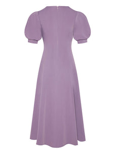Lavender V Neck Puff Sleeve Swing Vintage Style 1940S Dress