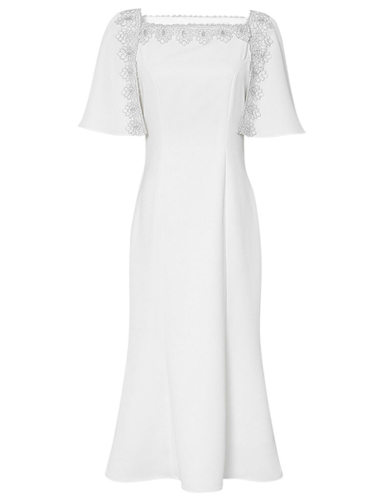 White Lace Short Sleeve Cape High Waist Fishtail Dress