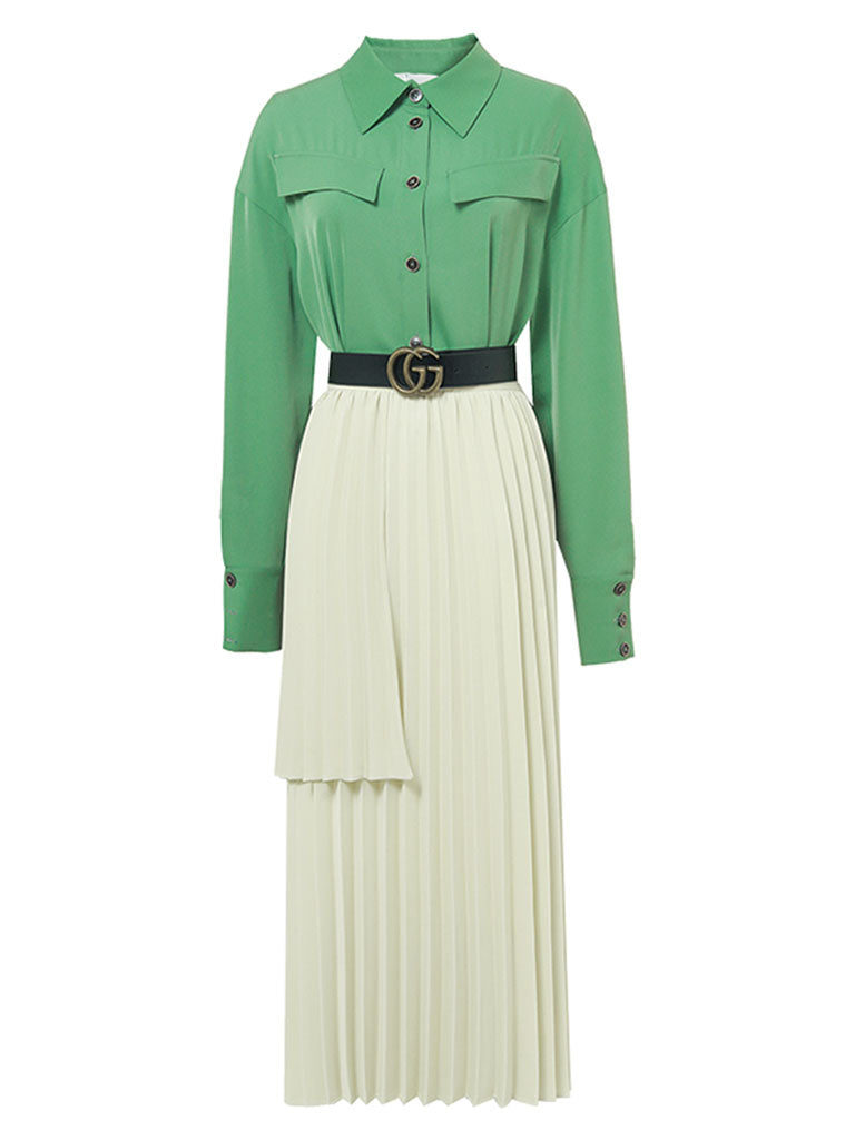 2PS Green Vintage Lapel Shirt With Apricot Pleated Skirt Suit