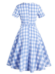 Blue And White Plaid V Neck 1950S Dress With Belt