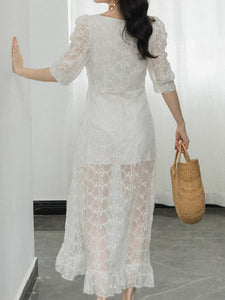 White Lace Ruffled Half Sleeve Square Neck Side Slit Fairy Dress