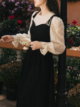 Load image into Gallery viewer, Black Spaghetti Strap Long Sleeve Fake Two Pieces Swing Vintage Dress