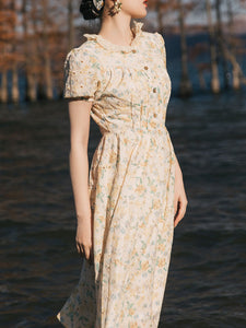 Apricot Ruffled Crewneck Floral Print Chiffon Retro 1950S Cottagecore Dress