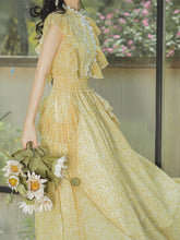 Load image into Gallery viewer, Yellow Floral Print Fuffles Vintage Princess Chiffon Maxi Dress