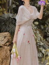 Load image into Gallery viewer, White Rose Polka Dots Deep V Neck Butterfly Sleeve Vintage Dress