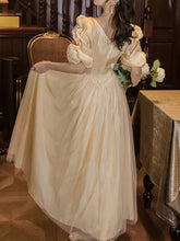 Load image into Gallery viewer, Yellow Lace V Neck Vintage Princess Puff Sleeve Maxi Evening Dress