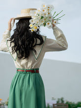 Load image into Gallery viewer, 2PS Green Embroidered Overlap Collar Shirt And Swing Skirt Suit