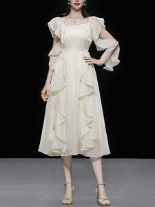 Apricot Ruffled PearlFairy Dress Light Luxury 1950S dress