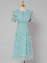 Load image into Gallery viewer, Vintage Teal Short Sleeve Pearl Neck Waist Embroidered Dress
